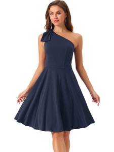 lot 22178 image: Allegra K Evening Cocktail Dress for Womens Party Elegant Flared One Shoulder Formal Dresses Medium Dark Blue - Retail $48