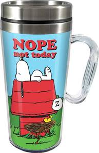 lot 22742 image: Spoontiques Peanuts Insulated Travel Mug, 14oz - Double Wall Stainless & Acrylic Drink Cup with Twist Top Lid & Handle - Snoopy - Retail $21