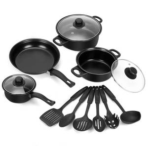 lot 22753 image: Non-Stick Cookware Set,  Portable Lightweight Cast Iron Pots and Pans with Glass Lids and Nylon Utensils for Outdoor Camping Picnic Travel Cookware