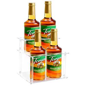 lot 29925 image: Goklmn Acrylic Coffee Syrup Organizer, 2-Tier Coffee Station Organizer Holds 4 Syrup Bottles, Syrup Bottle Holder Stand Coffee Bar Accessories Kitchen Storage for Syrup,Wine,Condiments - Retail $15