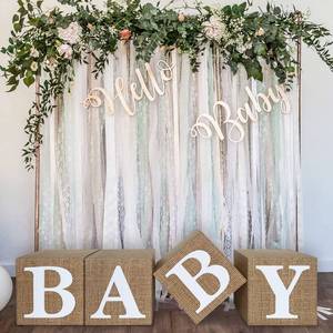 lot 29939 image: Burlap Print Baby Shower Boxes for Gender Reveal Party Gender Neutral Baby Shower Centerpiece Decor - 4 Pcs Burlap Grain Baby Cubes Baby Blocks with Letters, Rustic Baby Shower Decorations - Retail $19