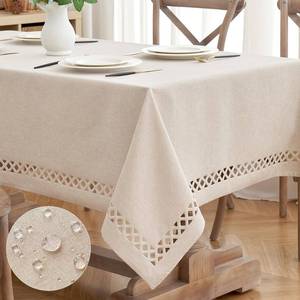 lot 29950 image: MIULEE Natural Thick Polyester Rectangle Tablecloth with Decorative Cutouts Waterproof Stain Resistant Table Cloth Farmhouse Table Cover for Thanksgiving Dining Party Camping, 52 x 70 inch - Retail $14