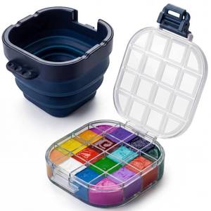 lot 29961 image: DUGATO Airtight Watercolor Palette Box (16-Well) with Lid & Collapsible Brush Basin - Portable Paint Saver for Acrylic, Gouache, Oil - Travel Art Supplies (Blue) - Retail $13