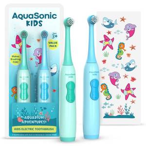 lot 29969 image: Aquasonic Kids Electric Toothbrush Set for Ages 3  Soft Bristles, Oscillating Brush Head, Built-in Battery  Aquarium Adventures - Retail $19