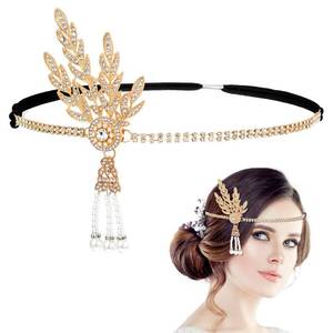 lot 31691 image: Lnngub Flapper Headband,1920s Headband with Leaf Rhinestones Headpiece Pearl Tassel Head Bands Roaring 1920s Headpiece for Women(Gold) - Retail $6