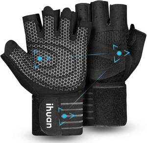 lot 31703 image: ihuan Ventilated Weight Lifting Gym Workout Gloves with Wrist Wrap Support for Men & Women, Full Palm Protection, for Weightlifting, Training, Fitness, Hanging, Pull ups 1 glove  - Retail $18
