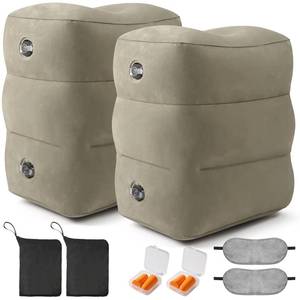 lot 31715 image: Inflatable Foot Rest Pillow for Travel - Adjustable Height Flight Foot Rest with Eye Mask and Earplugs for Kids & Adults on Airplane, Car, Train, Office, and Home (Gray, 2 PCS) - Retail $32
