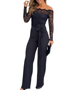 lot 31718 image: CHICME Women Off Shoulder Long Sleeve Black Jumpsuit Floral Embroidery Lace Overalls Casual Wide Leg Rompers with Belt Black-XL - Retail $37