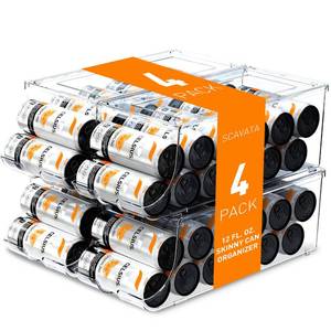 lot 45140 image: SCAVATA 4 Pack Skinny Can Organizer for Refrigerator, Stackable Tall Skinny Soda Pop Can Holder Dispenser with Lid for Fridge Pantry Rack Freezer, Clear Plastic Storage Bins-Holds 12 Slim Cans Each - Retail $50