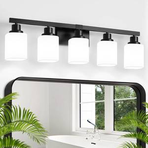 lot 61782 image: DIKAIDA 5-Light Bathroom Vanity Light, Modern Matte Black Bathroom Light Fixtures with Square Frosted Glass, Wall Sconces fixtures Over Mirror Restroom,Living Room Hallway E26 - Retail $90