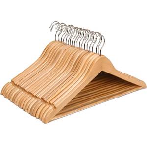 lot 61783 image: JS Hanger Wooden Coat Hangers, 20 Pack High Grade 17.5 Inch Wood Suit Hangers with Non Slip Pant Bar - Extra Smooth and Splinter Free Natural Finish Wooden Suit Hangers for Closet Organization - Retail $30