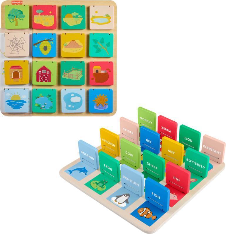 lot 32275 image: Fisher-Price Wood Preschool Toy Lift & Reveal Board, Early Learning Activity for Fine Motor Developmental Play Kids Ages 3 Years - Retail $18