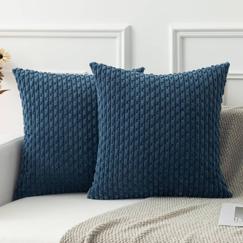 lot 32299 image: Kevin Textile Pack of 2 Blue Corduroy Decorative Throw Pillow Covers 16x16 Inch Soft Boho Striped Pillow Covers Modern Farmhouse Home Decor for Autumn Sofa Living Room Couch Bed - Retail $15