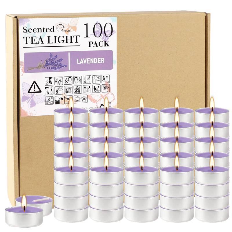 lot 44066 image: Wfmolcand Purple Lavender Scented Tealight Candles - Giant 100 Pack Candles -Smokeless, 4 Hour Burn - Gift Set for Valentines Day, Christmas, Weddings Centerpiece & Home Decor - Retail $18