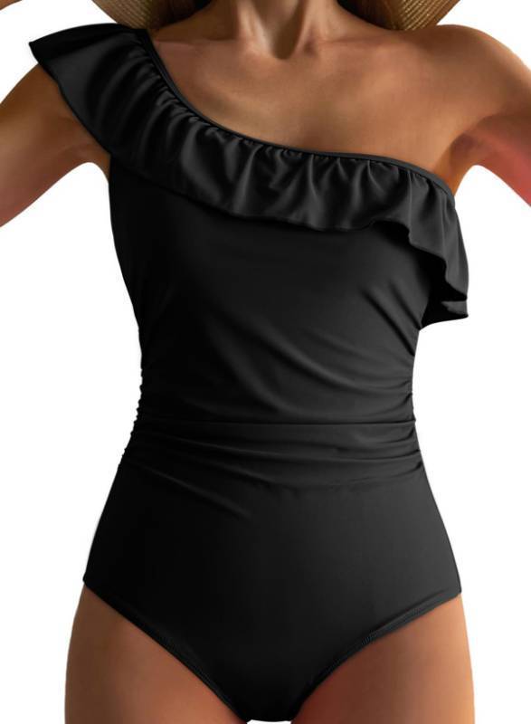 lot 44091 image: Dokotoo Women Cold Shoulder One Piece Swimsuits One Shoulder Ruched 2026 Asymmetric Ruffled Sleeves Sexy Monokinis Tummy Control Plus Size Swimwear,Black Large