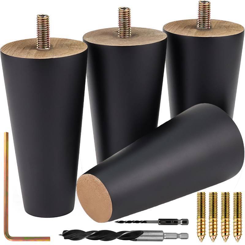 lot 48915 image: Airy Abode Premium Black Wood Furniture Legs (Full Install Kit) - Pick Your Size and Color - Retail $26