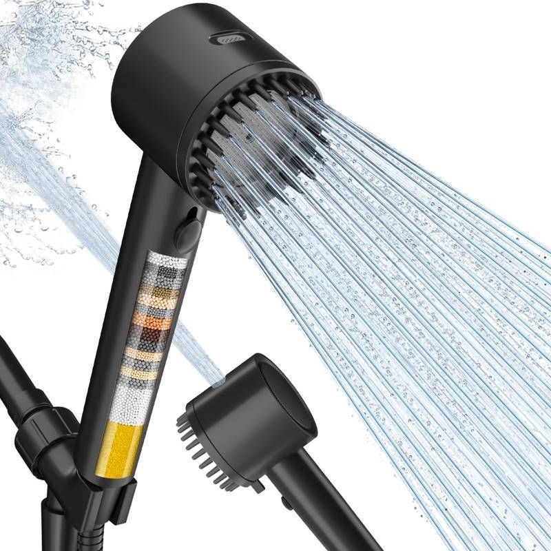 lot 48931 image: Cobbe Filtered Shower Head with Handheld, High Pressure 5 Spray Mode Showerhead with Filters, Built-in Power Wash for Hard Water - Remove Chlorine - Reduces Dry Itchy Skin, Black - Retail $33