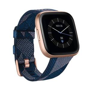 lot 17018 image: Fitbit Versa 2 Special Edition Health and Fitness Smart Watch with Heart Rate, Music, Alexa Built-In, Sleep and Swim Tracking, Navy and Pink WovenCopper Rose, One Size (S and L Bands Included), 2.3 - Retail $139