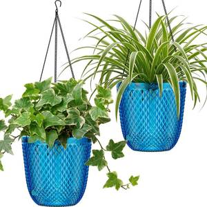 lot 22197 image: QCQHDU Hanging Planters for Indoor Plants, 2-Pack 7.2 Inch Self Watering Hanging Pots, Plastic Plant Hanger with Drainage Holes and 3 Hooks Chains for Garden Home (Klein Blue) - Retail $17