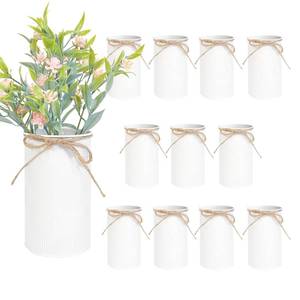 lot 22206 image: 6 High Farmhouse Vases for Centerpiece, Rustic Mason Jars with Twine Bow for Flowers, Vintage Galvanized Metal Vase Tin Bucket for Wedding Home Decor (White, 12Pcs) - Retail $42