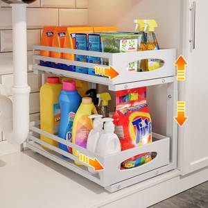 lot 22236 image: Under Sink Organizer, 2 Tier Under Sink Organizers and Storage, Adjustable Height, Slide out Metal Cabinet Organizers, Pull out Cabinet Storage Drawer Shelf for Kitchen Bathroom (White, 1 Pack) - Retail $35