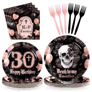 lot 22248 image: Grencian 96Pcs Death to My 20s Decorations Rose Gold and Black Death to My Twenties Plates Dirty 30 Year Old Party Decorations Tableware for 30th Birthday Party Decorations for Her Serves 24 - Retail $17