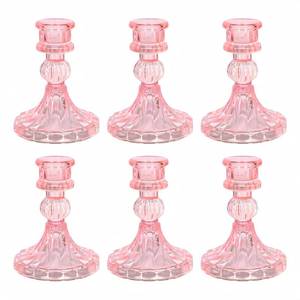 lot 22250 image: ECHFSM Glass Candlestick Holder,Striped Taper Candle Holders,Set of 6 Candle Stand for Table Centerpieces, Home Decor,Weddings,Festival and Parties (Pink Stripe Pattern) - Retail $25