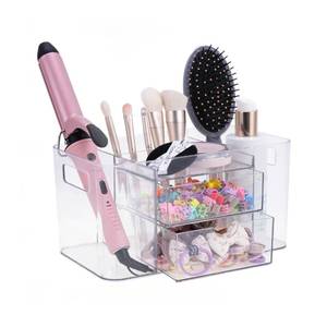 lot 22251 image: Imakmasion Hair Accessories Organizer for Girls & Women, 2-Drawer Clear Plastic Hair Brush Holder with 3 Compartments, Vanity Countertop Makeup Organizer for Hair Ties, Clips & Bobby Pins - Retail $18