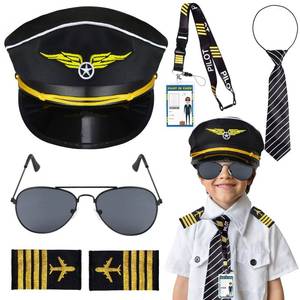 lot 29997 image: Keymall Kids Pilot Costume Accessories Set With Aviator Hat Sunglasses Tie Pin for Aviation Halloween Dress Up - Retail $25