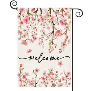lot 30014 image: Baccessor Spring Summer Welcome Garden Flag 12.5 x 18 Inch Double Sided Burlap Pink Floral Cherry Blossom Farmhouse Small Yard Flag Summer Holiday Seasonal Outdoor Outside Decoration - Retail $7