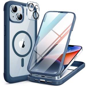 lot 30036 image: Miracase Magnetic for iPhone 14 Case 6.1, Bubble Free Full-Body Bumper Phone case with Built-in Full Glass Screen &Lens Protector,No Gap,Compatible with MagSafe,Drop Proof 14 Cover,Storm Blue - Retail $24