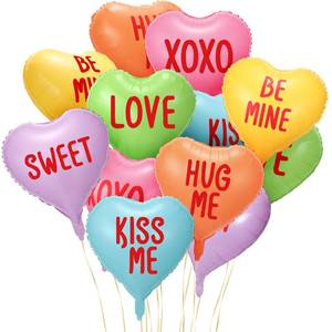 lot 30053 image: Libima 12 Pcs Valentines Day Candy Heart Balloons 18 Inch Foil Heart Shaped Balloons XOXO Love Sweet Be Mine Kiss Me Hug Me Foil Valentines Day Wedding Decor(Colorful) - Retail $12