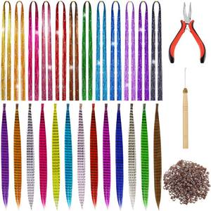 lot 30069 image: 1440 Strands Hair Tinsel Kit with Tools Glitter Hair Extension Tinsel 26 Pieces 13 Colors Feather Hair Extensions Heat Resistant Synthetic Hair with 200 Micro Ring Beads for Women Cosplay Party Supply - Retail $12