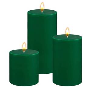 lot 31749 image: Green Unscented Pillar Candles 3-Pack Dripless & Smokeless, Long-Burning Thick Candles (2,3,4 Heights) for Weddings, Home Decor & Serene Ambiance - Retail $14