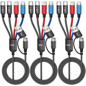 lot 31754 image: Travel 4 in 2 Charging Cable with Dual Type-C Port, USBAC Multi Charging Cable Cords for Multiple Devices, Multiple Phone Charger Cord for iPhone17-8, Android, iPad, Car Accessories (3Packs 5FT) - Retail $19