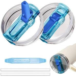 lot 31774 image: 2 Pack 40 oz Tumbler Flip Straw Lid for Stanley Quencher ProTour Leak Proof Lid Replacement for Stanley H2.0 Quencher, Spill Proof Reusable Lid for Stanley Cup Accessories (Blue & Blue, 40 oz) - Retail $16