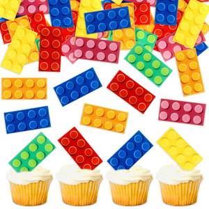 lot 31775 image: 48Pcs Edible Flat Building Block Birthday Party Cupcake Toppers Boy Girl Birthday Party Decorations Drink Topper Brick Themed Printed Building Block Decor for Baby Shower Kids Adults Party Supplies - Retail $8