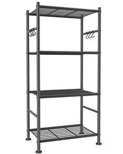 lot 61790 image: Sakugi Storage Shelves - 4-Tier Large Capacity Shelf Organizer with Hooks, Heavy-Duty Garage Shelving with Leveling Feet, Wobble-Free Rack for Bedroom, Balcony, Garage, 18.1x12.4x43.7, Black - Retail $40