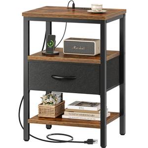 lot 61796 image: SUPERJARE Nightstand with Charging Station, Bed Side Table with Adjustable Fabric Drawer, Night Stand for Bedroom, 3-Tier Storage End Table, for Living Room, Rustic Brown and Black - Retail $46