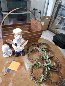 lot 2 image: Wooden Heart-Shaped Basket with Chef Figurine and Grapevine Wreaths Bundle