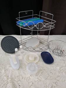 lot 11 image: Chrome Two-Tier Corner Shower Caddy with Bath Accessories Set