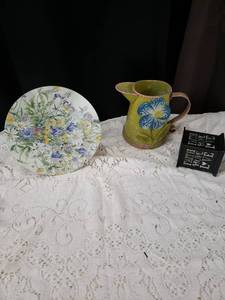 lot 16 image: Marie Sipes Pottery Floral Decorated Plate and Ceramic Pitcher Set