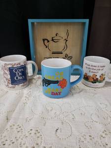 lot 18 image: Tea Serving Set with Decorative Wooden Tray and Coffee Mugs