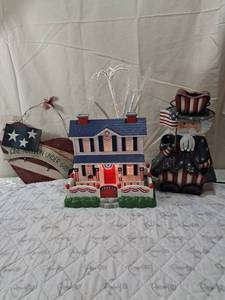 lot 42 image: Patriotic Holiday Decor Collection with Light-Up House and Uncle Sam Figure
