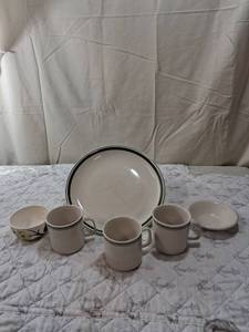 lot 65 image: White Ceramic Coffee Mugs and Plate Set with Green Trim