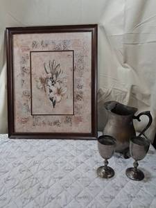 lot 74 image: Pewter Pitcher and Goblet Set with Floral Wall Art