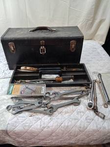 lot 92 image: Metal Tool Box with Hand Tools and Wrenches Set
