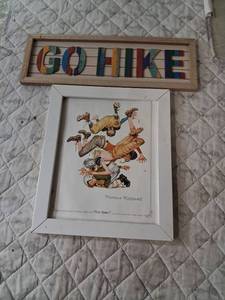 lot 109 image: Norman Rockwell First Down Print with Go Hike Wooden Sign Set