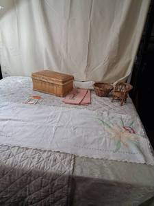 lot 110 image: Hand Embroidered Tropical Tablecloth with Crochet Trim and Matching Napkins sewing basket, mini chair and small basket