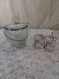 lot 143 image: Glass ice bucket with Cut Crystal Pattern and Casco Atomic Logo Drinking Glasses Set